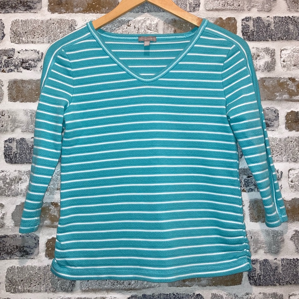 T by Talbots Teal Blue 3/4 Sleeve V-neck Textured Shirt Size 0-2 Petite - Picture 5 of 6